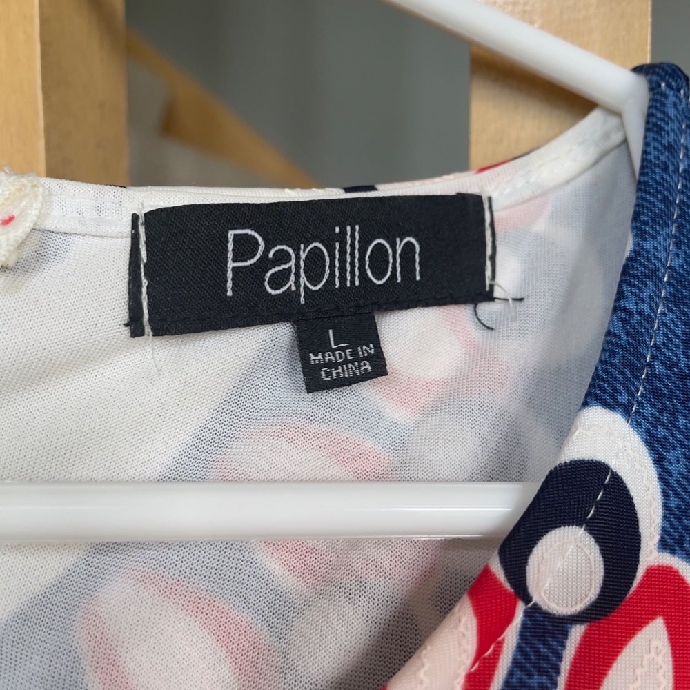 PAPILLION RETRO SHEATH DRESS COLORFUL BOLD BOHO PRINT RED BLUE WHITE SZ L - Picture 4 of 6